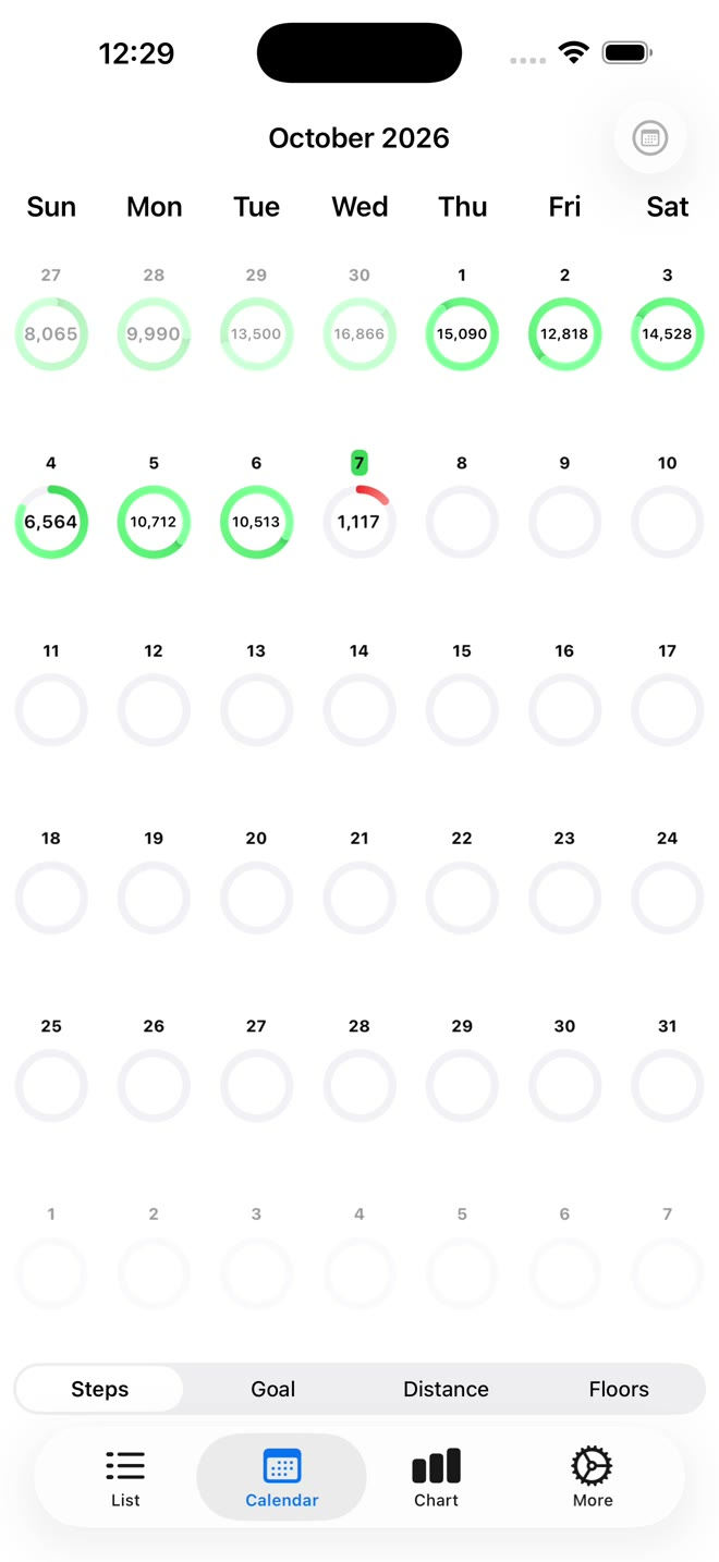 Calendar of daily goal rings